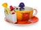 Empty coffee, tea cup with purple silver infuser in the shape of a girl on a chain and storage on candy with two sweets . Cup and