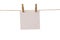 Empty color paper sheets for notes, frames that hang on a rope with clothespins and isolated on white