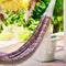 Empty colorful cloth and rope hammock hanging by the garden patio square composition