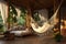 Empty comfortable wicker hammock and sofa in bedroom at day of eco hotel or bungalow lounge with view of jungle in tropical