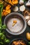 Empty cooking pot with forest mushrooms and cooking ingredients, seasonal food