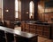 Empty courtroom, wooden benches, judge's chairs