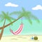 Empty cozy hammock in the shadow of the palm on the tropical sandy beach by the sea. Flat vector illustration