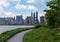 Empty Curving Trail at Hunters Point South Park in Long Island City Queens with a view of the Manhattan Skyline of New York City