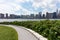 Empty Curving Trail at Hunters Point South Park in Long Island City Queens with a view of the Manhattan Skyline of New York City