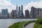 Empty Curving Trail at Hunters Point South Park in Long Island City Queens with a view of the Manhattan Skyline of New York City