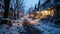 Empty damaged town street after a storm under lots of snow partly removed with houses in north american style