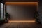 Empty dark brown plank wall room interior 3d render,decorated with hidden warm lighting.