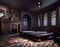 Empty decaying hall in abandoned house. Dark wooden panels, cracking windows, misshaped floor. Digital illustration. CG