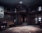 Empty decaying hall in abandoned house. Dark wooden panels, cracking windows, misshaped floor. Digital illustration. CG