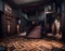 Empty decaying hall in abandoned house. Dark wooden panels, cracking windows, misshaped floor. Digital illustration. CG