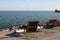 Empty deck chairs on the shores of Lake Balaton