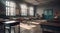 Empty defocused university classroom. Generative AI