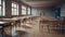 Empty defocused university classroom. Generative AI