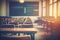 Empty defocused university classroom. generative ai. Business conference room. Blurred school classroom without students with