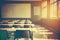 Empty defocused university classroom. generative ai. Business conference room. Blurred school classroom without students with