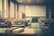 Empty defocused university classroom. generative ai. Business conference room. Blurred school classroom without students with