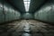 An empty, dilapidated prison room under artificial light