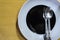 Empty disc spoon and fork on wood background.