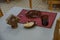 Empty dishes set for breakfast in kindergarden. Kindergarten indoor view. Chairs and tables. Furniture.