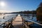 Empty docks in the port of Scharmuetzelsee, Brandenburg, Germany. Empty docks in winter under the clear sky at noon.