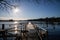 Empty docks in the port of Scharmuetzelsee, Brandenburg, Germany. Empty docks in winter under the clear sky at noon.