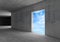Empty door with blue sky behind. 3d concrete room