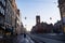 Empty early morning street of Amsterdam city, decorated for the Christmas holiday