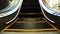Empty escalator with black steps moves down in shopping mall