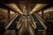 empty escalators in a dimly lit space