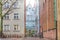 Empty european street with colorful facades and a bicycle on the stone-block pavementt, Gdansk, Poland