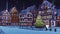 Empty european town at snowfall Christmas night 3D