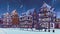 Empty european town at snowfall winter evening 3D