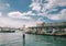 Empty ferry whraf dock at Circular quay in Sydney is quiet and empty with people during covid 19 lock down, people stay at home.