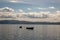 An empty fisherman`s boat on Lake Ohrid on a cloudy summer day, Macedonia