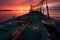 empty fishing nets on a boat deck at sunset