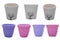 Empty flower pots of different colour and different prospective, isolated on white background, copy space.