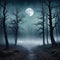 An empty foggy dark mysterious forest