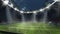 Empty football field with flashlights and dark night sky background. Stadium with filled stands with sports soccer fans.