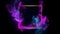 empty frame on black background with neon lights and purple fumes, neural network generated image