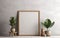 Empty frame with copy space on beige tone wall with flowers in vase, blank vertical frame, minimalist design scene