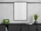 Empty frame over balck living room sideboard on white tiled background