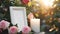 An empty frame for a photo or text near a funeral memorial with candles and flowers