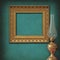 Empty frame on vintage wallpaper and brass oil lam