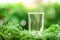 a empty glass of cool fresh water on natural green background