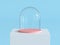 Empty glass dome with pastel pink tray on white podium with pastel blue background. Kids theme. 3D rendering.