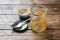 Empty glass jar and plate after eating food. Squash caviar remains on the dishes