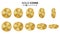 Empty Gold Coins Vector Set. Realistic Template Illustration. Flip Different Angles. Blank Money Front Side. Investment