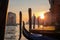 Empty gondola at the pier at sunset