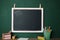 Empty green chalkboard with eraser and white chalk hang on the wall arrangement for Teacher\\\'s Day AI generated